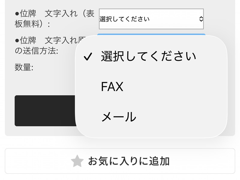 位牌 文字入れ原稿の送信方法 オプション選択画面