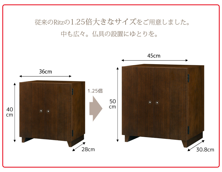 従来のRitzの1.25倍大きなサイズをご用意しました。 中も広々。仏具の設置にゆとりを。