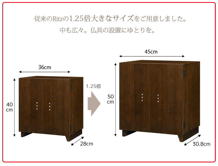 従来のRitzの1.25倍大きなサイズをご用意しました。 中も広々。仏具の設置にゆとりを。