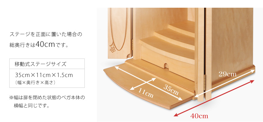移動式ステージを正面に置いた場合の総奥行きは40cmです。