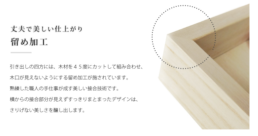 引き出しの四方には、丈夫で美しい仕上がりの留め加工を施しました。